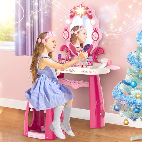 Surelect Toddler Makeup Table Toy with Mirror and Chair Kids Pretend Play Vanity Set with Lights and Sounds Hairdryer Make Up Accessories for 36 Years Old Girls - Image 5