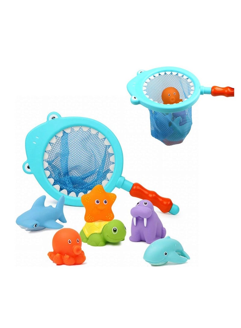 beiens Bath Toy, Fishing Floating Animals Squirts Toys Games Playing Set with Fishing Net, Fish Net Game in Bathtub, Bathroom Pool for Babies Toddlers and Kids (Blue) - Image 1