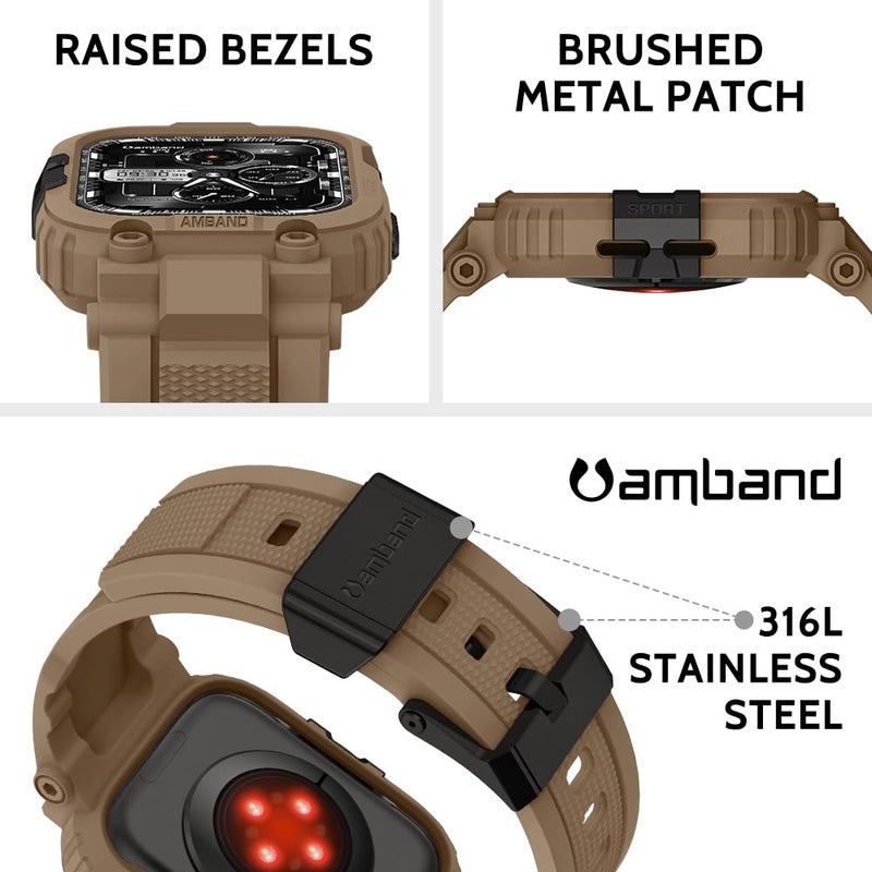 amBand Bands Compatible with Apple Watch 9/8/7 45mm, M1 Sport Series Rugged Case with TPU Strap Military Protective Tough Cover Bumper for iWatch SE3/SE2/SE/6/5/4/3 44mm 42mm Men Desert Tan - Image 2
