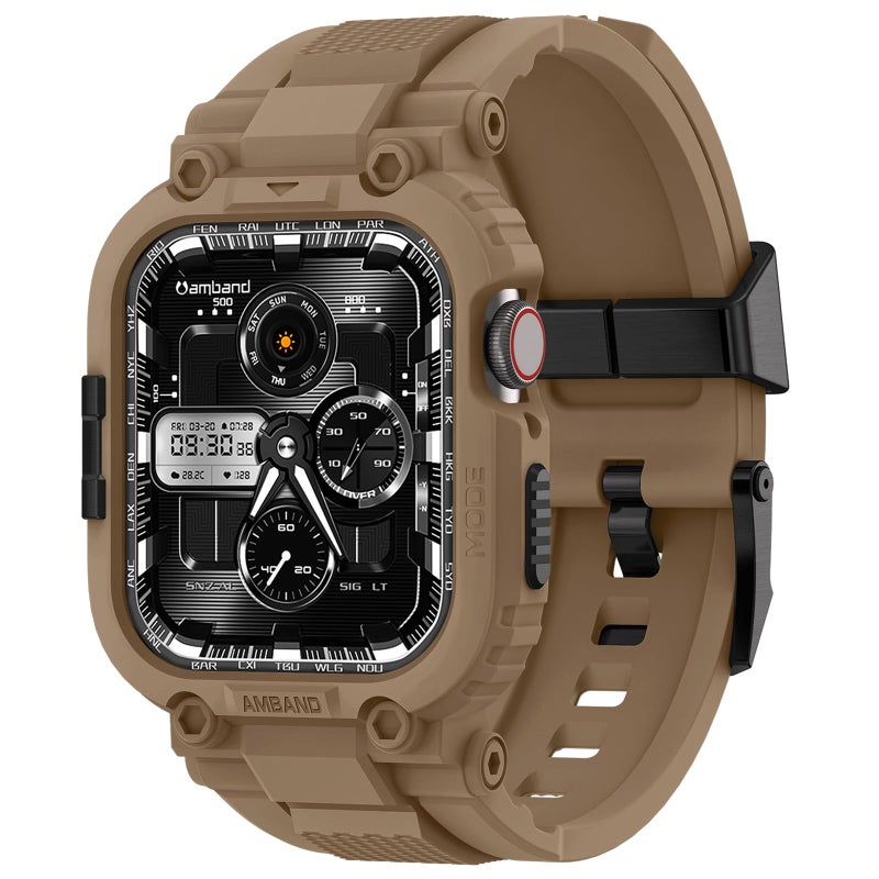 amBand Bands Compatible with Apple Watch 9/8/7 45mm, M1 Sport Series Rugged Case with TPU Strap Military Protective Tough Cover Bumper for iWatch SE3/SE2/SE/6/5/4/3 44mm 42mm Men Desert Tan - Image 1