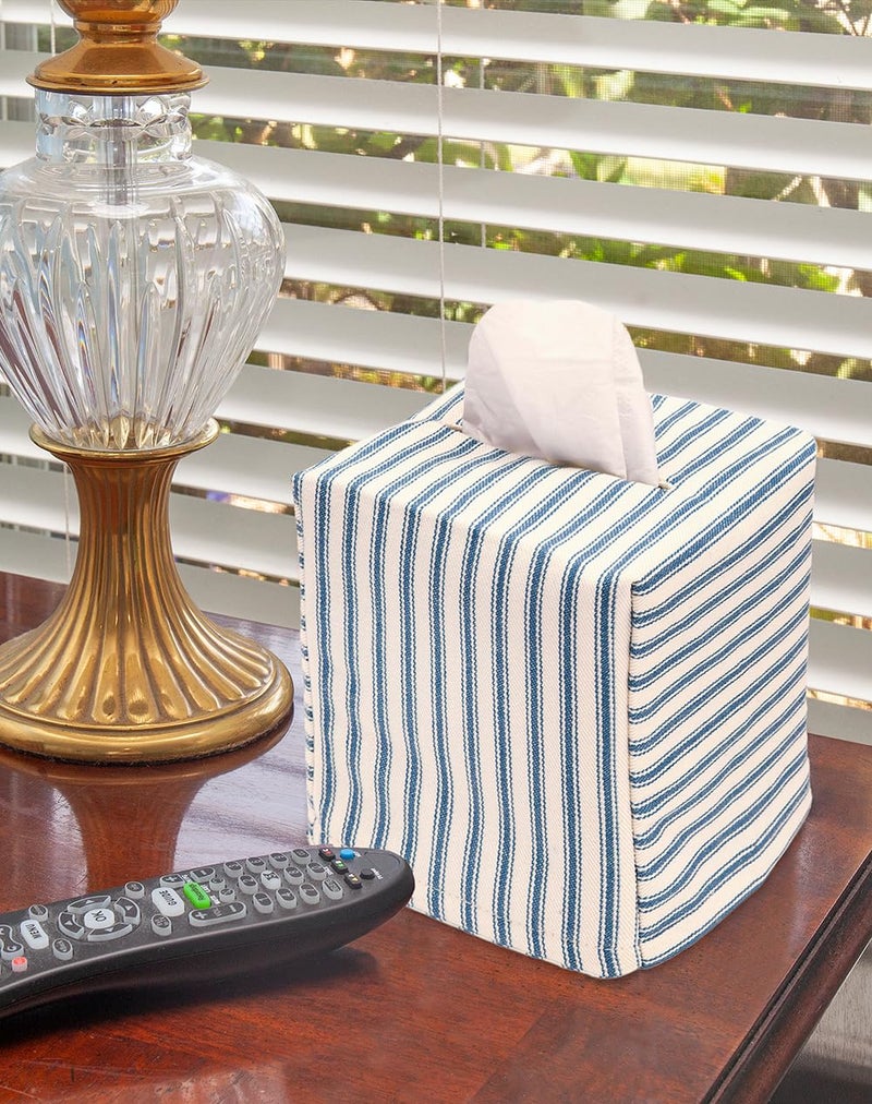 Decorative Things Fabric Tissue Box Cover, Tissue Holder Slipcover, Slips Over Square Cube Cardboard Facial Tissue Boxes -Decorative Blue Bathroom Decor Ticking Stripe, Cotton, Lined - Image 2