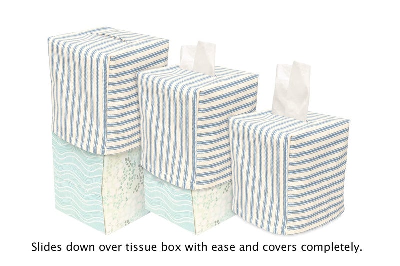 Decorative Things Fabric Tissue Box Cover, Tissue Holder Slipcover, Slips Over Square Cube Cardboard Facial Tissue Boxes -Decorative Blue Bathroom Decor Ticking Stripe, Cotton, Lined - Image 5