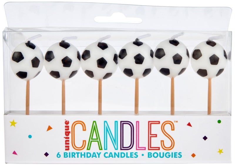 Unique Soccer-Themed Birthday Candles (Pack Of 6) - Black & White Wax Candles On Wooden Picks - Ideal For Sports Fans Celebrations - Image 1