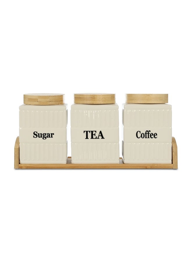 3-Piece Porcelain Storage Set with Wooden Holder – Square Geometric White & Beige Design for Kitchen - Image 1