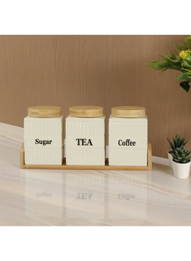 3-Piece Porcelain Storage Set with Wooden Holder – Square Geometric White & Beige Design for Kitchen - Image 4