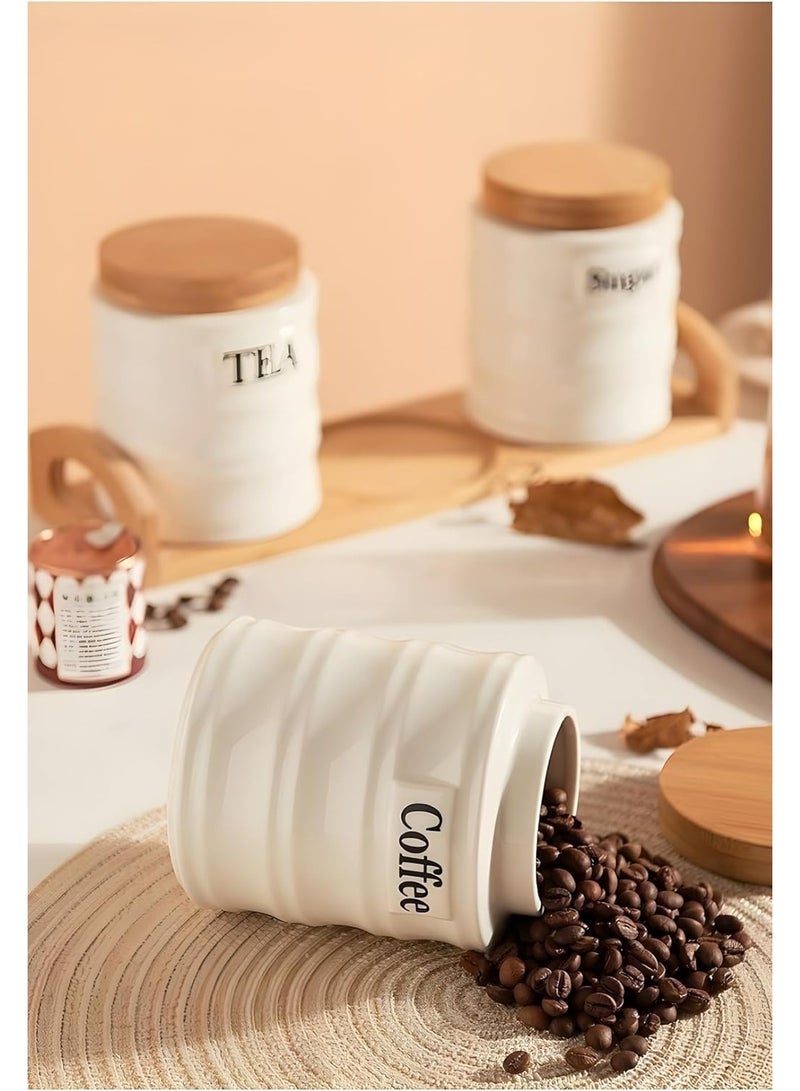 3-Piece Porcelain Storage Set with Wooden Holder – Square Geometric White & Beige Design for Kitchen - Image 5
