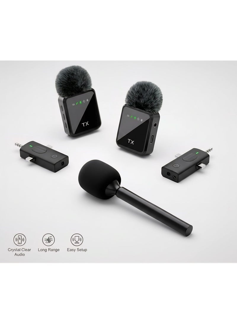 ELTRAZONE 3-in-1 Wireless Lavalier Microphone System with Dual Clip-On Mics & Universal Receiver for iPhone, Android, Type-C - Black - Image 1