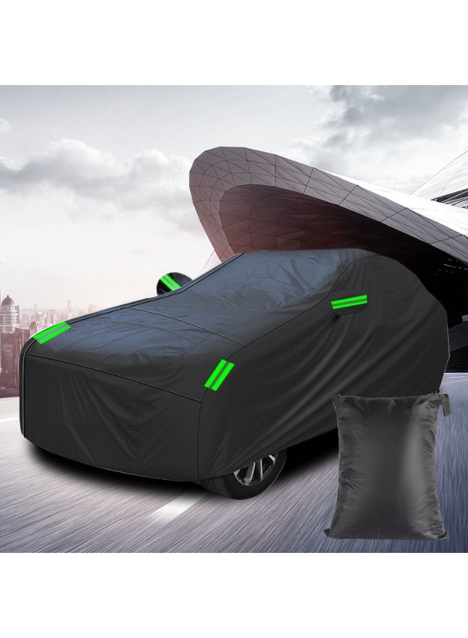 "المقاس: مناسب للسيارات السيدان ذات الأطوال ٤.٧٥-٥.٣ متر، والارتفاعات ١.٥-١.٨ متر، والعروض ١.٩-٢ متر. حجم الغطاء هو ٥.٨ * ١.٧٥ * ١.٢ متر. يرجى قياس سيارتك قبل الشراء.  مادة عالية الجودة: قماش ١٩٠ تي مطلي بالفضة عالي الجودة مُطور حديثًا، أكثر مقاومة للبلى والتمزق. يحمي مركبتك في ظروف الطقس المختلفة ضد الغبار، الماء القذر، الرمل، الحجارة، إلخ.  مقاوم للماء والأشعة فوق البنفسجية: قماش ١٩٠ تي المطلي بالفضة مقاوم للماء للغاية ويمنع ضرر الأشعة فوق البنفسجية. يعكس ضوء الشمس، يمنع التعرض المفرط، ويمدد عمر مركبتك.  أشرطة عاكسة: يتميز بأشرطة عاكسة خضراء على كلا الجانبين. مرئية للغاية في الليل، وتساعد على تجنب التصادم مع المركبات الأخرى لمزيد من الأمان.  تصميم مقاوم للرياح: الحاشية السفلية لغطاء السيارة مجهزة بأربطة ومشابك معززة لمنع الغطاء من الطيران بشكل فعال في الرياح القوية." - Image 1