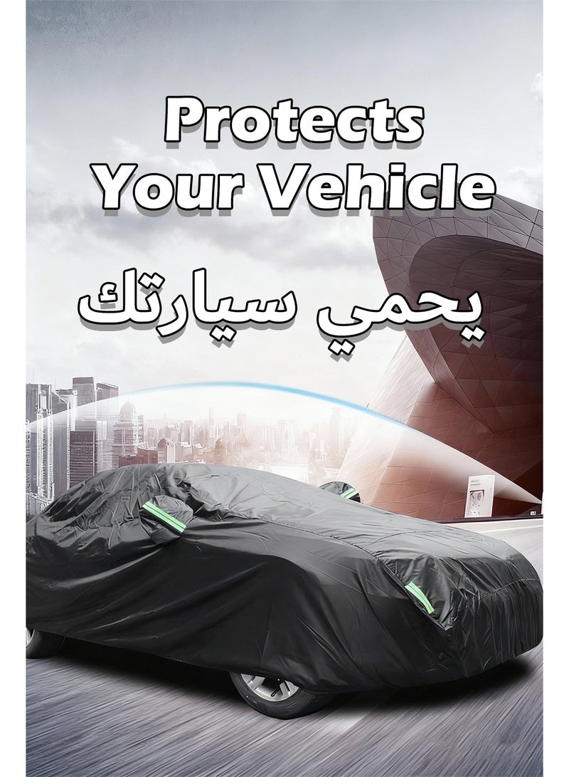 "المقاس: مناسب للسيارات السيدان ذات الأطوال ٤.٧٥-٥.٣ متر، والارتفاعات ١.٥-١.٨ متر، والعروض ١.٩-٢ متر. حجم الغطاء هو ٥.٨ * ١.٧٥ * ١.٢ متر. يرجى قياس سيارتك قبل الشراء.  مادة عالية الجودة: قماش ١٩٠ تي مطلي بالفضة عالي الجودة مُطور حديثًا، أكثر مقاومة للبلى والتمزق. يحمي مركبتك في ظروف الطقس المختلفة ضد الغبار، الماء القذر، الرمل، الحجارة، إلخ.  مقاوم للماء والأشعة فوق البنفسجية: قماش ١٩٠ تي المطلي بالفضة مقاوم للماء للغاية ويمنع ضرر الأشعة فوق البنفسجية. يعكس ضوء الشمس، يمنع التعرض المفرط، ويمدد عمر مركبتك.  أشرطة عاكسة: يتميز بأشرطة عاكسة خضراء على كلا الجانبين. مرئية للغاية في الليل، وتساعد على تجنب التصادم مع المركبات الأخرى لمزيد من الأمان.  تصميم مقاوم للرياح: الحاشية السفلية لغطاء السيارة مجهزة بأربطة ومشابك معززة لمنع الغطاء من الطيران بشكل فعال في الرياح القوية." - Image 3