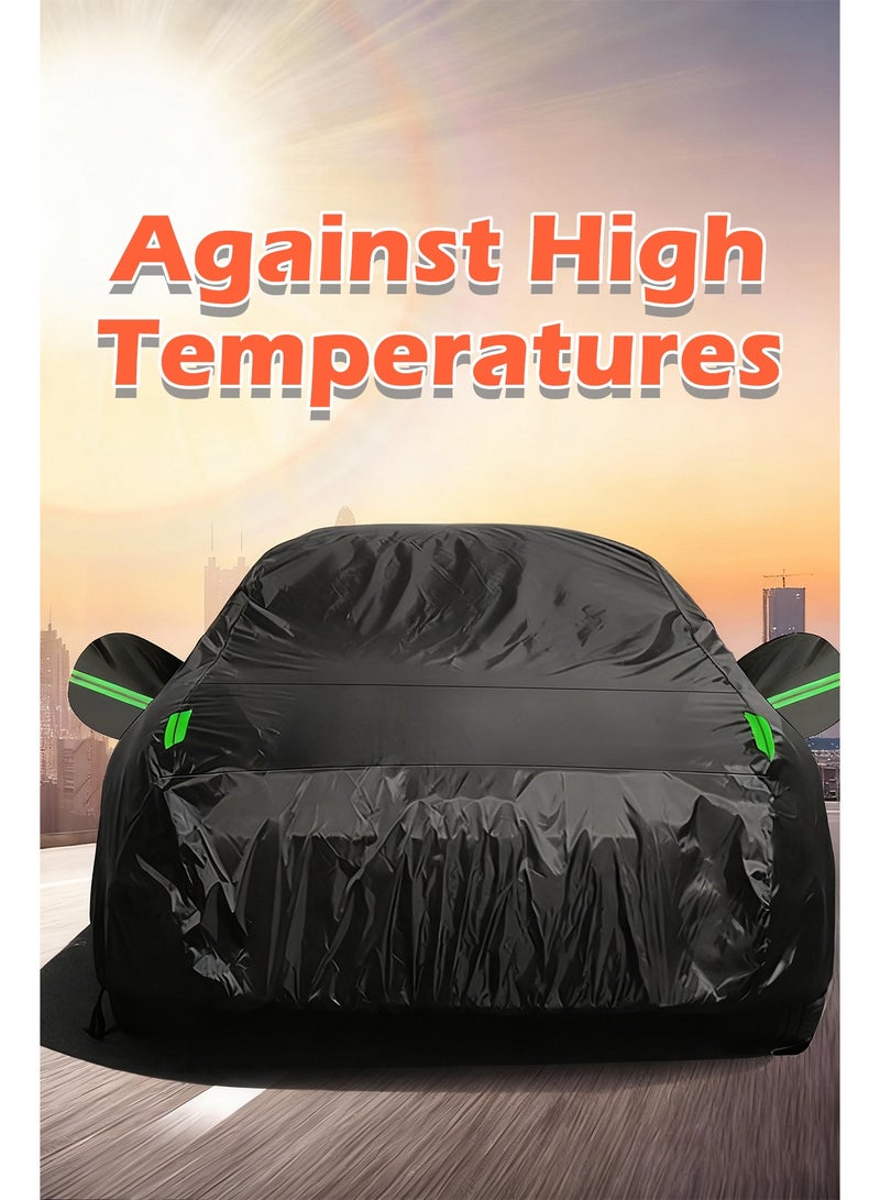 "المقاس: مناسب للسيارات السيدان ذات الأطوال ٤.٧٥-٥.٣ متر، والارتفاعات ١.٥-١.٨ متر، والعروض ١.٩-٢ متر. حجم الغطاء هو ٥.٨ * ١.٧٥ * ١.٢ متر. يرجى قياس سيارتك قبل الشراء.  مادة عالية الجودة: قماش ١٩٠ تي مطلي بالفضة عالي الجودة مُطور حديثًا، أكثر مقاومة للبلى والتمزق. يحمي مركبتك في ظروف الطقس المختلفة ضد الغبار، الماء القذر، الرمل، الحجارة، إلخ.  مقاوم للماء والأشعة فوق البنفسجية: قماش ١٩٠ تي المطلي بالفضة مقاوم للماء للغاية ويمنع ضرر الأشعة فوق البنفسجية. يعكس ضوء الشمس، يمنع التعرض المفرط، ويمدد عمر مركبتك.  أشرطة عاكسة: يتميز بأشرطة عاكسة خضراء على كلا الجانبين. مرئية للغاية في الليل، وتساعد على تجنب التصادم مع المركبات الأخرى لمزيد من الأمان.  تصميم مقاوم للرياح: الحاشية السفلية لغطاء السيارة مجهزة بأربطة ومشابك معززة لمنع الغطاء من الطيران بشكل فعال في الرياح القوية." - Image 2