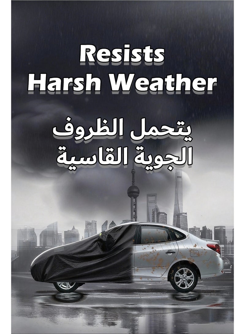 "المقاس: مناسب للسيارات السيدان ذات الأطوال ٤.٧٥-٥.٣ متر، والارتفاعات ١.٥-١.٨ متر، والعروض ١.٩-٢ متر. حجم الغطاء هو ٥.٨ * ١.٧٥ * ١.٢ متر. يرجى قياس سيارتك قبل الشراء.  مادة عالية الجودة: قماش ١٩٠ تي مطلي بالفضة عالي الجودة مُطور حديثًا، أكثر مقاومة للبلى والتمزق. يحمي مركبتك في ظروف الطقس المختلفة ضد الغبار، الماء القذر، الرمل، الحجارة، إلخ.  مقاوم للماء والأشعة فوق البنفسجية: قماش ١٩٠ تي المطلي بالفضة مقاوم للماء للغاية ويمنع ضرر الأشعة فوق البنفسجية. يعكس ضوء الشمس، يمنع التعرض المفرط، ويمدد عمر مركبتك.  أشرطة عاكسة: يتميز بأشرطة عاكسة خضراء على كلا الجانبين. مرئية للغاية في الليل، وتساعد على تجنب التصادم مع المركبات الأخرى لمزيد من الأمان.  تصميم مقاوم للرياح: الحاشية السفلية لغطاء السيارة مجهزة بأربطة ومشابك معززة لمنع الغطاء من الطيران بشكل فعال في الرياح القوية." - Image 4