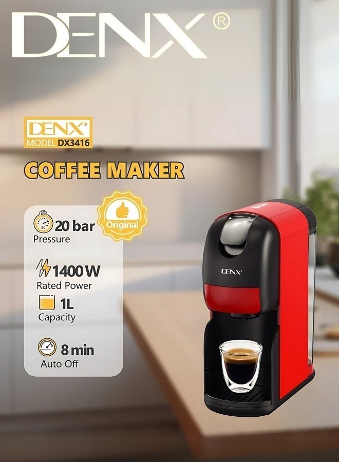 Denx 3-in-1 Capsule Coffee Maker – 20 Bar High Pressure, 1400W Power, 1L Water Tank, Fast One-Minute Brewing, Auto Shut-Off, Compatible with Nespresso, Dolce Gusto & Ground Coffee- DX3416 - Image 4
