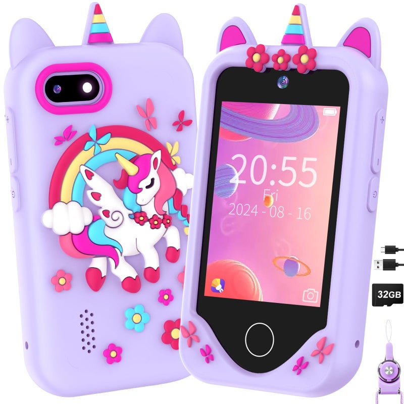 Yosfeng Kids Smart Phone for Girls Gifts Toddler Christmas Birthday Gift for Age 3 4 5 6 Year Old Kids Cell Phone Toy with Touchscreen Dual Cameras Learning Kid Mp3 Player Games with 32 GB Card - Image 3