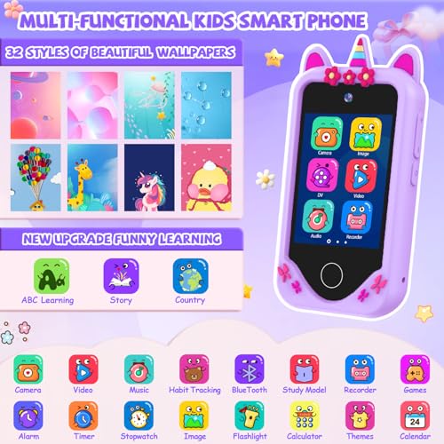 Yosfeng Kids Smart Phone for Girls Gifts Toddler Christmas Birthday Gift for Age 3 4 5 6 Year Old Kids Cell Phone Toy with Touchscreen Dual Cameras Learning Kid Mp3 Player Games with 32 GB Card - Image 5