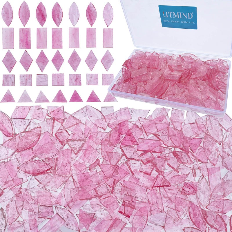LITMIND Pink Textured Transparent Stained Glass Mosaic Tiles 240 Pieces in 5 Shapes Rectangle Triangle Rhombus Square Leaf Mixed Sizes for Crafts Mosaic Projects Home Dcor - Image 2