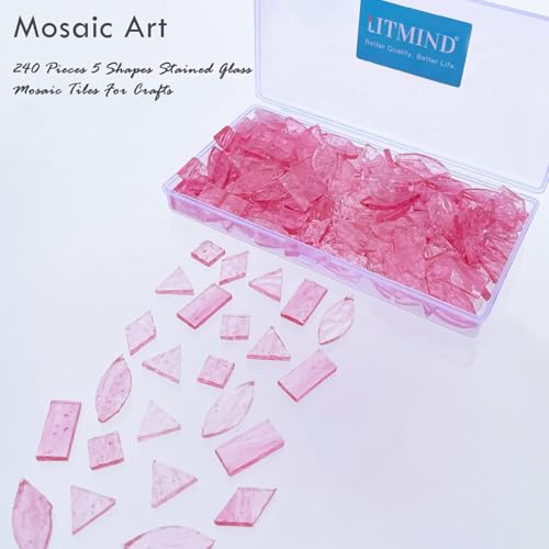 LITMIND Pink Textured Transparent Stained Glass Mosaic Tiles 240 Pieces in 5 Shapes Rectangle Triangle Rhombus Square Leaf Mixed Sizes for Crafts Mosaic Projects Home Dcor - Image 3