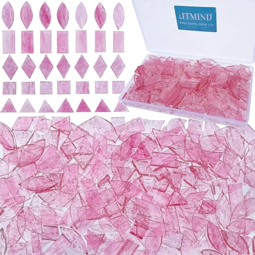 LITMIND Pink Textured Transparent Stained Glass Mosaic Tiles 240 Pieces in 5 Shapes Rectangle Triangle Rhombus Square Leaf Mixed Sizes for Crafts Mosaic Projects Home Dcor - Image 1