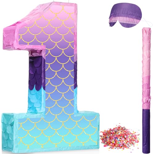 Shappy 16 Inch Mermaid Piata Purple Number Birthday Piata Party with Stick Blindfold Confetti for Anniversary Celebration Birthday Decoration SuppliesNumber 1 - Image 1