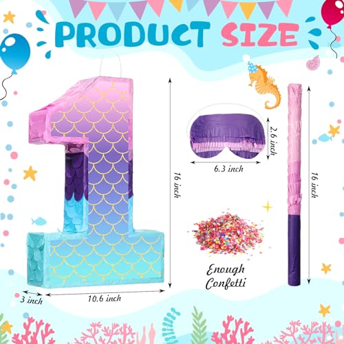Shappy 16 Inch Mermaid Piata Purple Number Birthday Piata Party with Stick Blindfold Confetti for Anniversary Celebration Birthday Decoration SuppliesNumber 1 - Image 5
