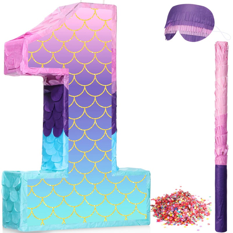 Shappy 16 Inch Mermaid Piata Purple Number Birthday Piata Party with Stick Blindfold Confetti for Anniversary Celebration Birthday Decoration SuppliesNumber 1 - Image 3