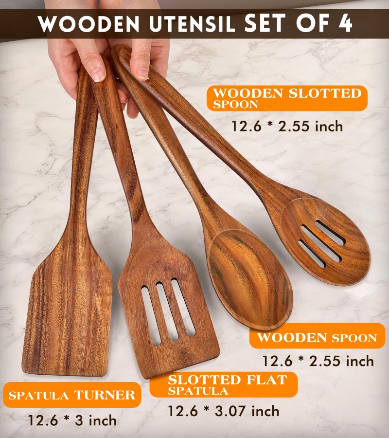 MemoGem 4Pcs Wooden Spatula For Cooking  Acacia Wooden Spatula For Kitchen Use  Nonstick Cookware Safe Utensils Set For Cooking  Mixing  Serving  Draining  Ideal Cooking Utensils Gift - Image 2