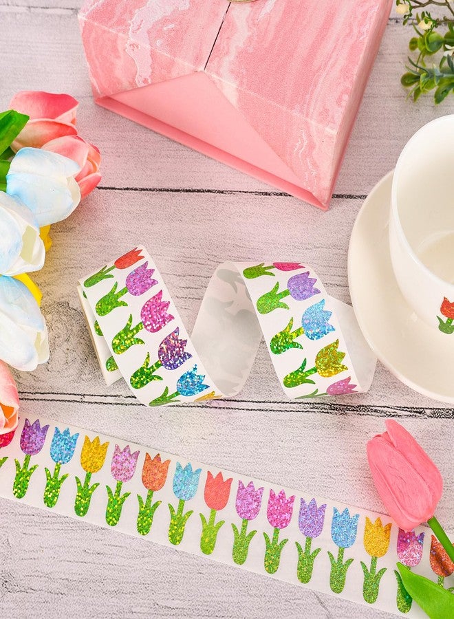 AnyDesign Spring Flower Stickers Roll Holographic Seal Stickers Sparkly Colorful Tulip Floral Self-Adhesive Decals for Birthday Holiday Envelope Journal Decor, 500 Pcs - Image 3