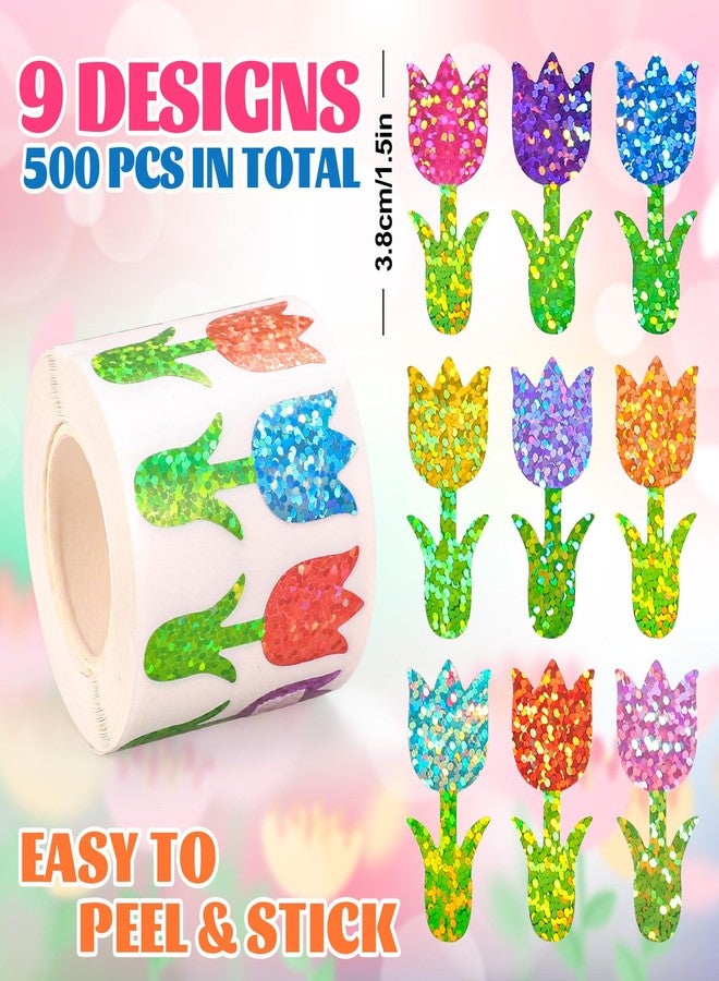 AnyDesign Spring Flower Stickers Roll Holographic Seal Stickers Sparkly Colorful Tulip Floral Self-Adhesive Decals for Birthday Holiday Envelope Journal Decor, 500 Pcs - Image 2