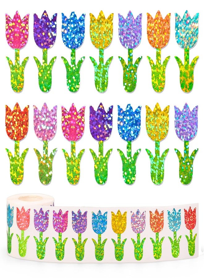 AnyDesign Spring Flower Stickers Roll Holographic Seal Stickers Sparkly Colorful Tulip Floral Self-Adhesive Decals for Birthday Holiday Envelope Journal Decor, 500 Pcs - Image 1