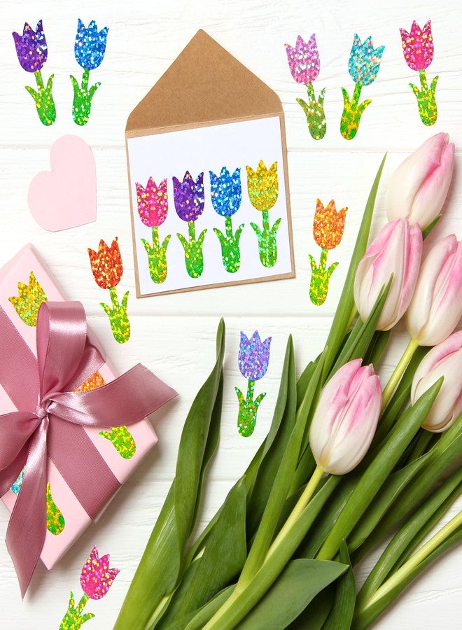 AnyDesign Spring Flower Stickers Roll Holographic Seal Stickers Sparkly Colorful Tulip Floral Self-Adhesive Decals for Birthday Holiday Envelope Journal Decor, 500 Pcs - Image 4