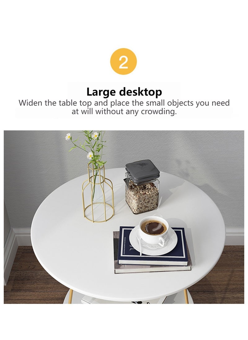 Sharpdo - Living Room Sofa Side Table Double Layer Small Coffee Table Metal Frame White Round Coffee Table 48*48*50CM - Image 1