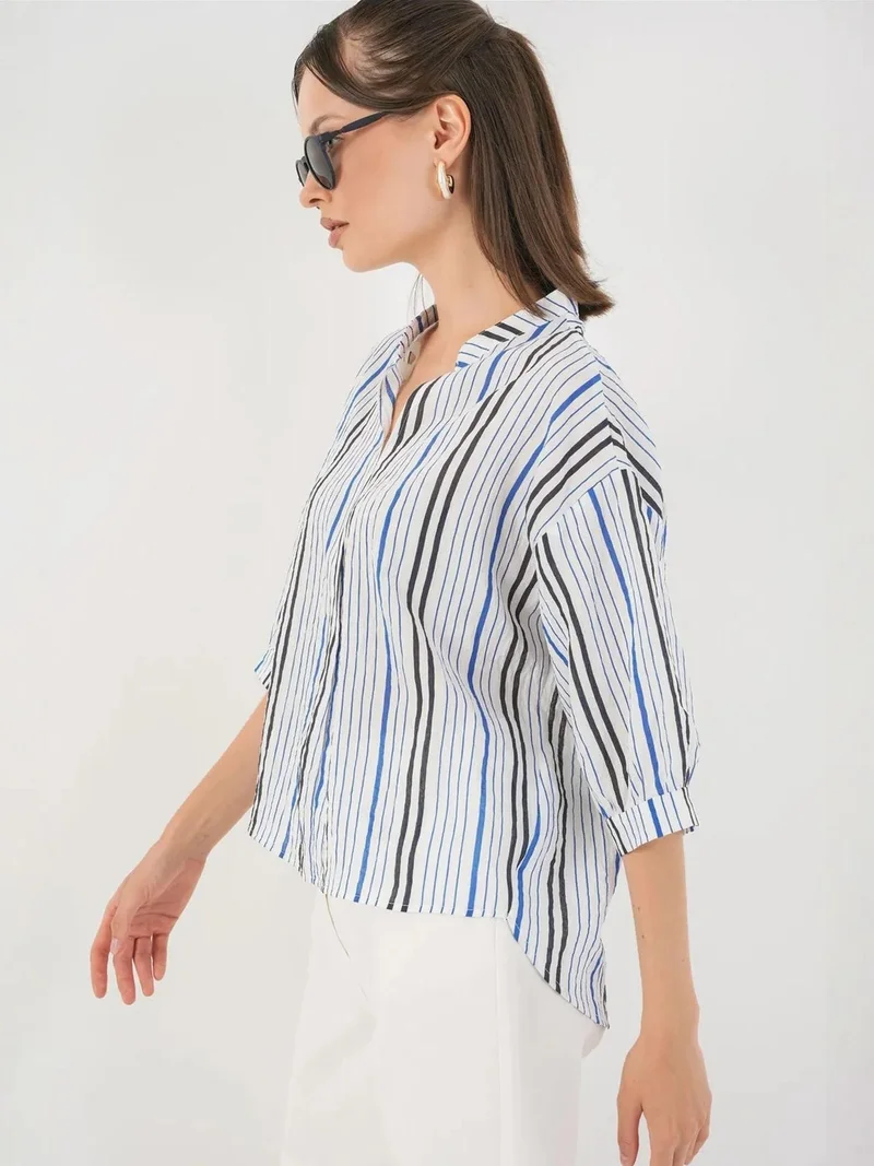 Big Dart Navy Blue BDART Striped V-Neck Blouse for Women | Best Price UAE