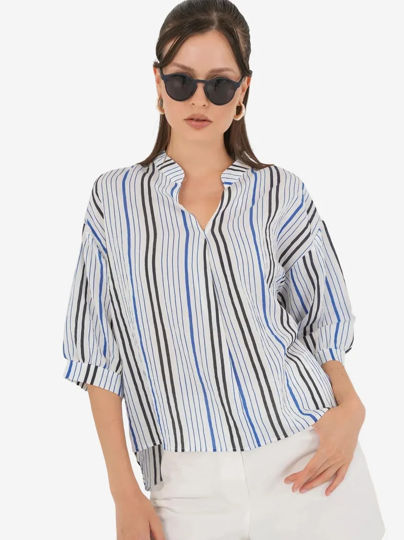 Big Dart Navy Blue BDART Striped V-Neck Blouse for Women | Best Price UAE