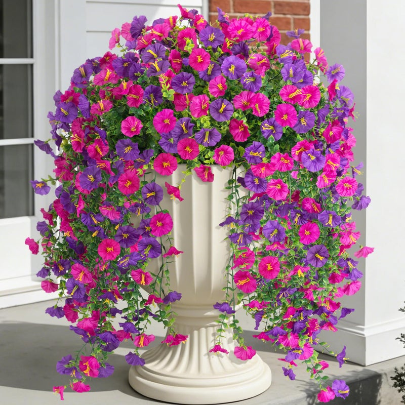 ADXORA Fake Artificial Hanging Morning Glory Flowers for Outdoor Planters Porch Pation Decoration,2 Bundles UV Resistant Silk Faux Flowers with Realistic Eucalyptus Plants for Home Office Garden Decor - Image 1