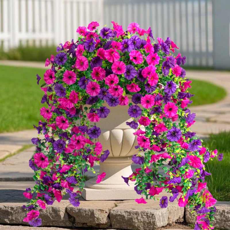 ADXORA Fake Artificial Hanging Morning Glory Flowers for Outdoor Planters Porch Pation Decoration,2 Bundles UV Resistant Silk Faux Flowers with Realistic Eucalyptus Plants for Home Office Garden Decor - Image 2