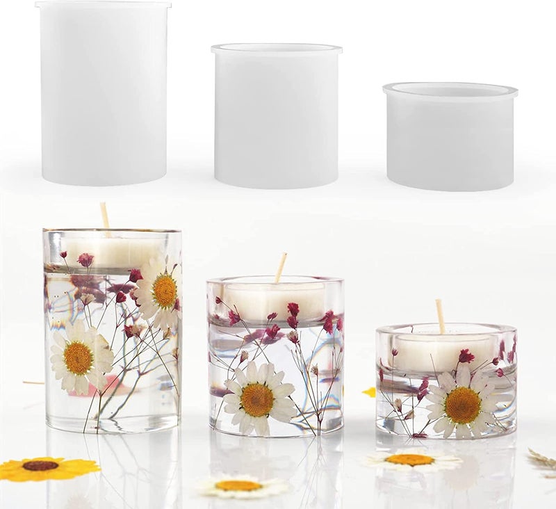 SNOOGG® 3 Size 1 Set Pack Tealight Candle Holder Mold for Epoxy Resin, Silicone Pillar Cylinder Candle Holder Resin Mold, Shiny Pillar Tea Light Candle Holders Mold for Resin Casting - Image 1