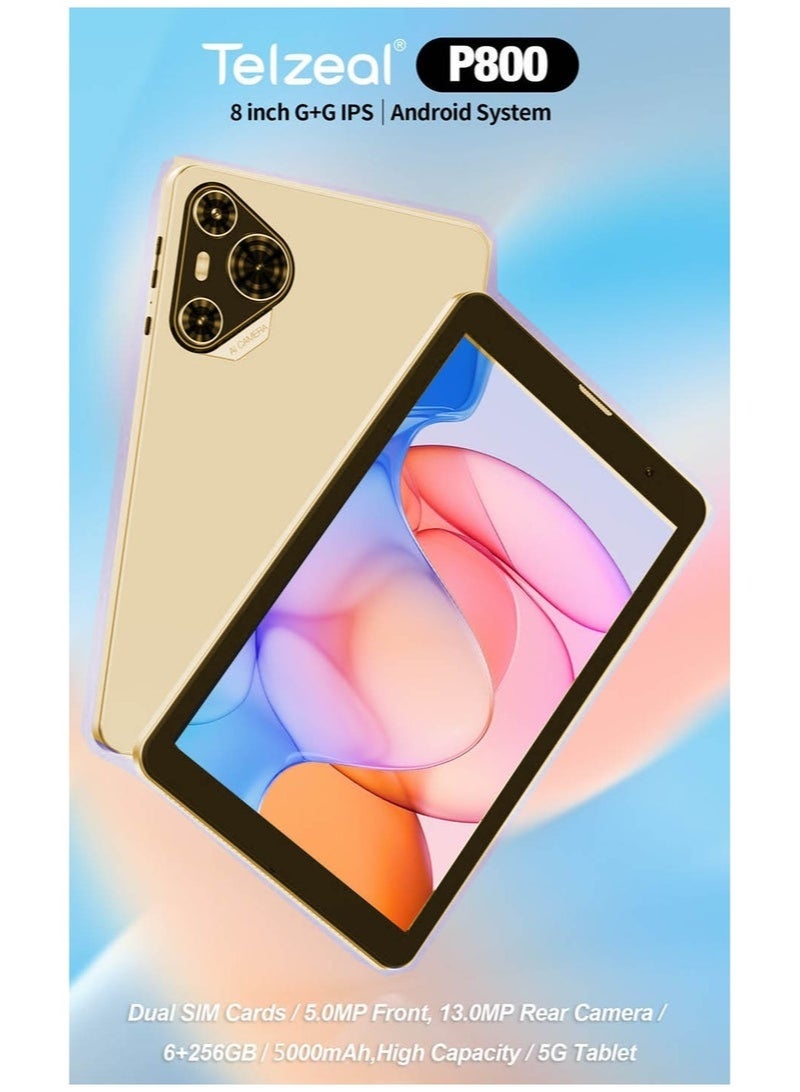 Telzeal P800 Tablet 8-Inch Android 12, Dual SIM, 6GB RAM 256GB ROM, 5G WiFi, 5000mAh Battery, Dual Camera, Includes Wireless Keyboard, Slim Lightweight Smart Tab – Gold - Image 2