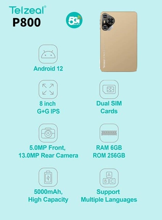 Telzeal P800 Tablet 8-Inch Android 12, Dual SIM, 6GB RAM 256GB ROM, 5G WiFi, 5000mAh Battery, Dual Camera, Includes Wireless Keyboard, Slim Lightweight Smart Tab – Gold - Image 3