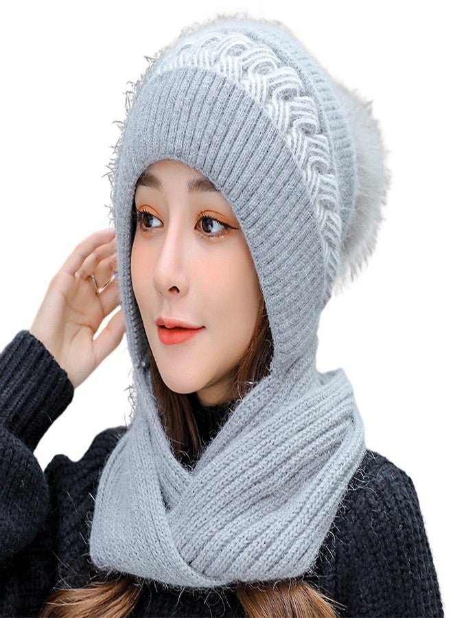 قبعة ريتشمن النسائية المحبوكة، قبعة شتوية مخملية دافئة من الصوف، وشاح للرقبة | قبعة بيني فضفاضة بألوان متداخلة، قبعة على شكل قرد مع وشاح للرقبة، مناسبة للتزلج والمشي لمسافات طويلة والأنشطة الخارجية للفتيات والسيدات (رمادي) - Image 1