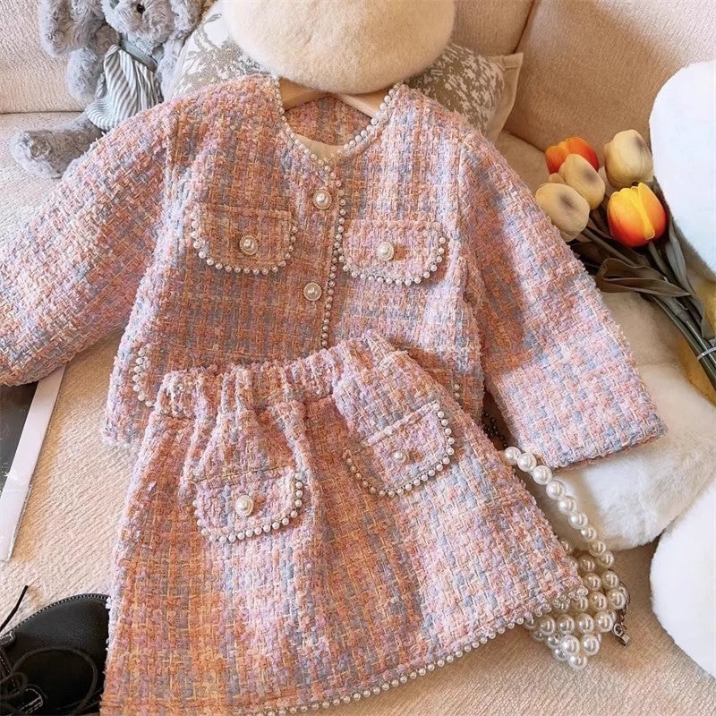 77226 autumn and winter girls quilted suit childrens Pearl edge tweed Chanel style coat skirt suit Pink 