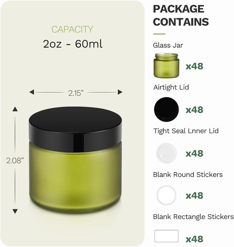 Bumobum 2 oz Small Glass Jars with Lids, Bumobum 48 pack Round Green Glass Candle Jars with Black Lids, White Labels & Inner Liners, Empty Cosmetic Containers for Cream, Lotion, Slime, Ointment - Image 3