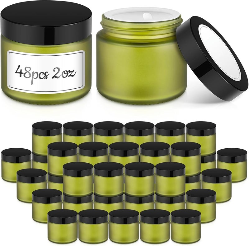 Bumobum 2 oz Small Glass Jars with Lids, Bumobum 48 pack Round Green Glass Candle Jars with Black Lids, White Labels & Inner Liners, Empty Cosmetic Containers for Cream, Lotion, Slime, Ointment - Image 1