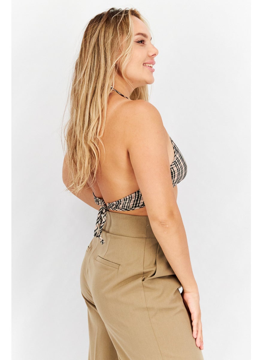 NOISY MAY Women Halter Neck Sleeveless Checkered Bralette Tops, Grey  - Image 4