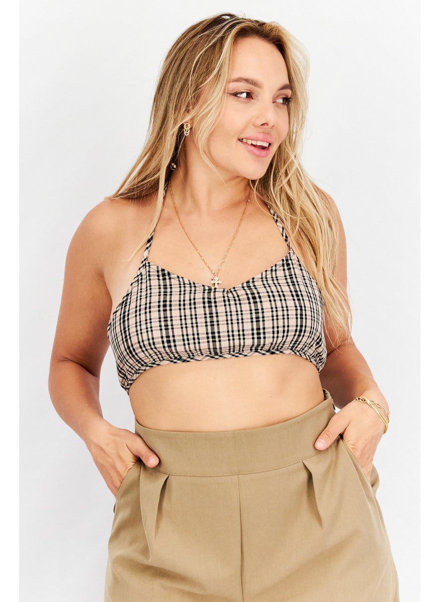 NOISY MAY Women Halter Neck Sleeveless Checkered Bralette Tops, Grey  - Image 1