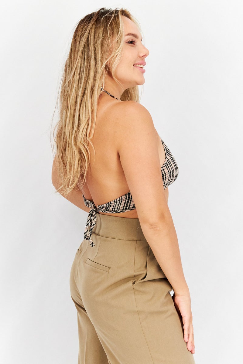 NOISY MAY Women Halter Neck Sleeveless Checkered Bralette Tops, Grey - Image 4