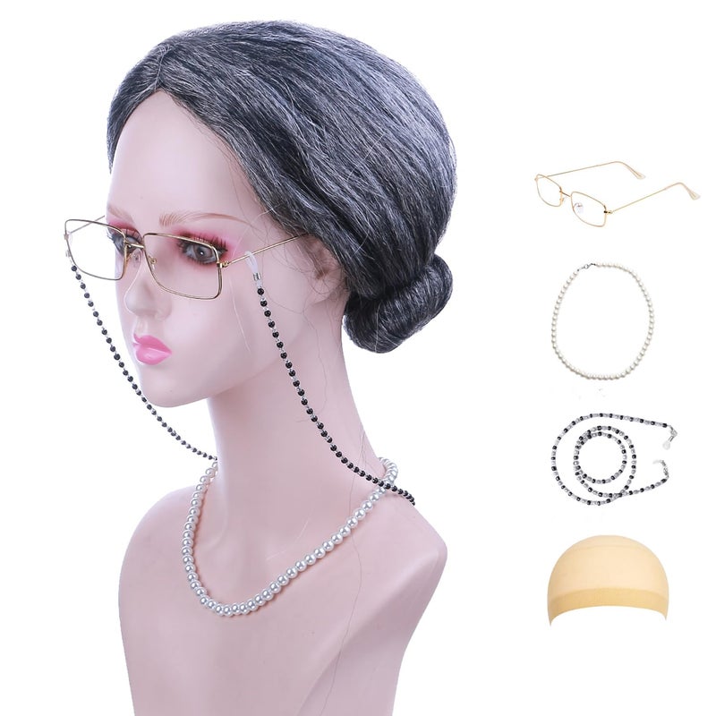 RightOn Old Lady Wig Grandmother Wig Short Wig Gray Wig Old Lady Wigs with Costume Accessories for Cosplay Halloween