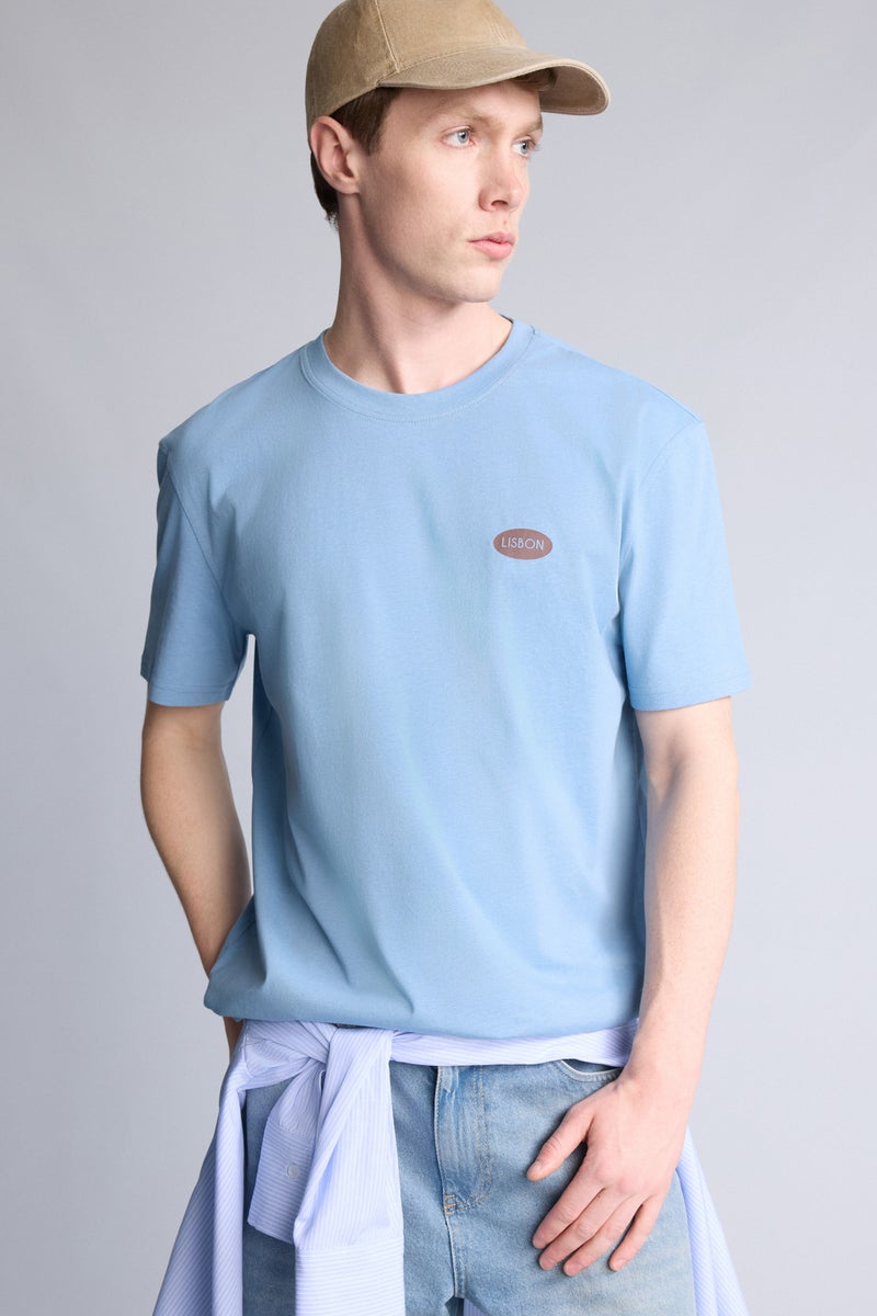 DeFacto Blue Man Regular Fit Printed 100% Cotton Short Sleeve T-Shirt Casual - Image 1