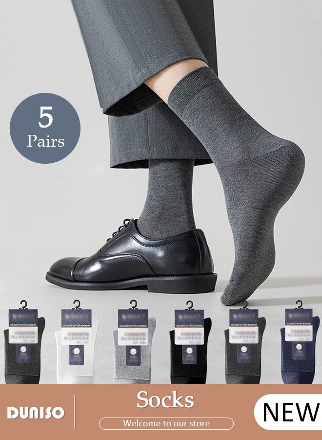 DUNISO 5 Pairs Men's Cotton Socks, Mid-Calf, Dress Socks, Moisture Wicking, Lightweight and Comfortable Suitable for All Seasons, a Variety of Colors for Business Casual Wear - Image 1