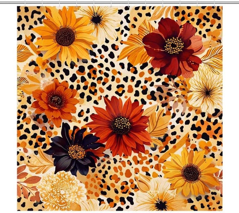 Floral Leopard Print Design with Vibrant FlowersShower Curtain for Bathroom Waterproof Tan Shower Curtain with Hooks 71 inch x 71 inch - Image 1