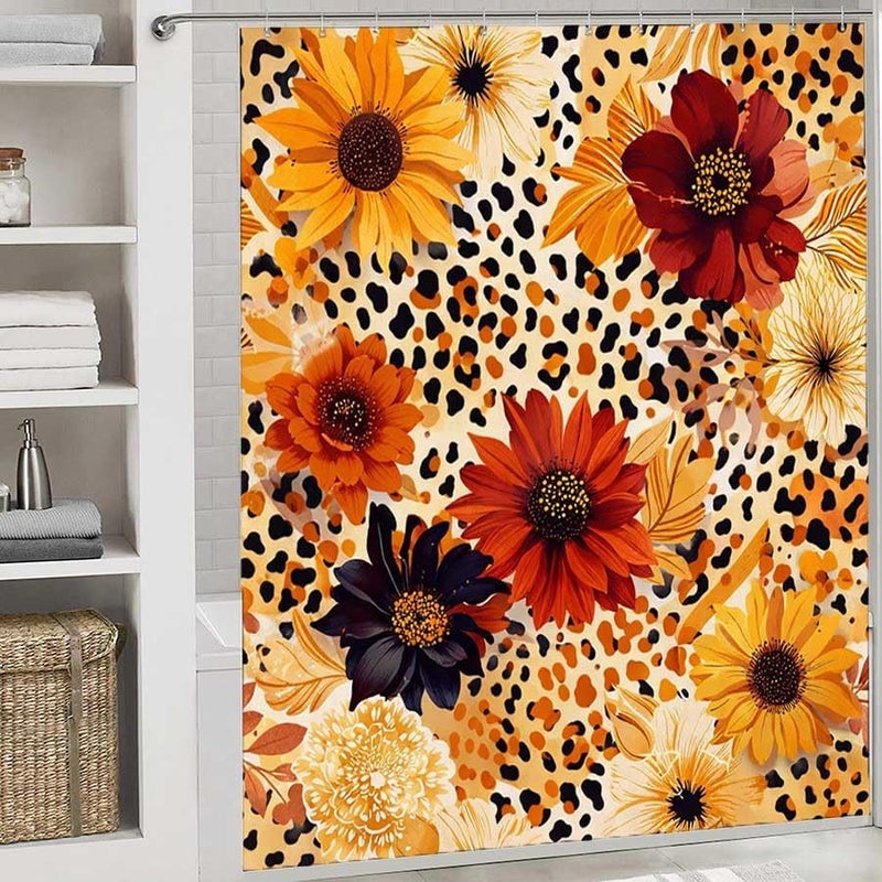 Floral Leopard Print Design with Vibrant FlowersShower Curtain for Bathroom Waterproof Tan Shower Curtain with Hooks 71 inch x 71 inch - Image 2