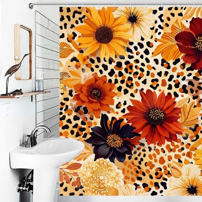Floral Leopard Print Design with Vibrant FlowersShower Curtain for Bathroom Waterproof Tan Shower Curtain with Hooks 71 inch x 71 inch - Image 4